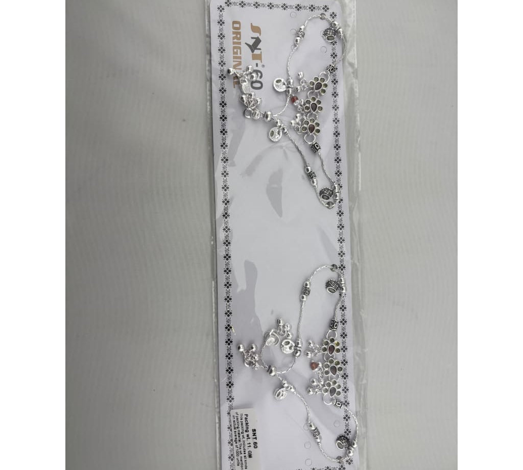 Vintage Charm Cluster Silver Anklet – 99.9% Pure Silver – Multicolor Stones – Adjustable – 11g