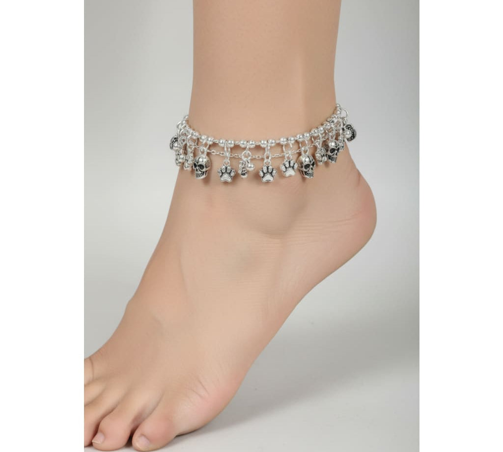 Vintage Charm Cluster Silver Anklet – 99.9% Pure Silver – Multicolor Stones – Adjustable – 11g