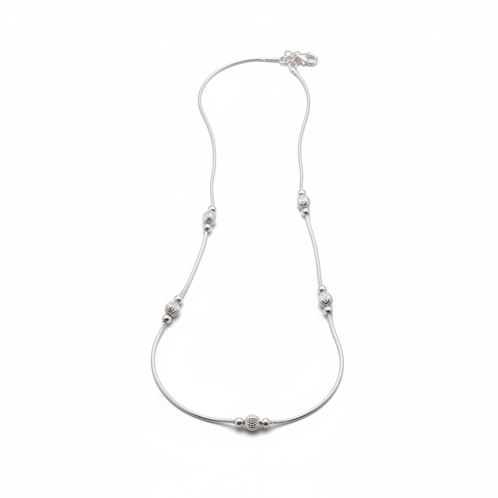 Wave Diamond-Cut Bead Silver Anklet – 99.9% Pure Silver – Weight:14g