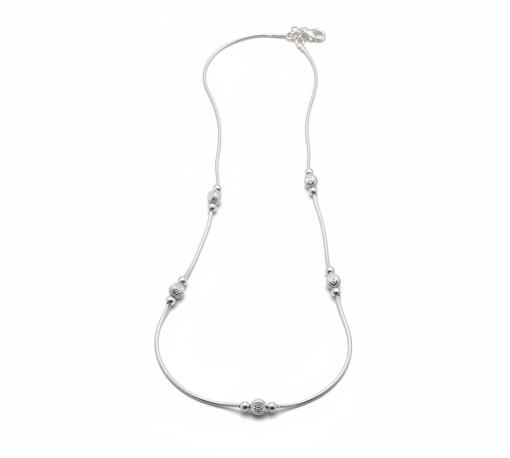 Wave Diamond-Cut Bead Silver Anklet – 99.9% Pure Silver – Weight:14g