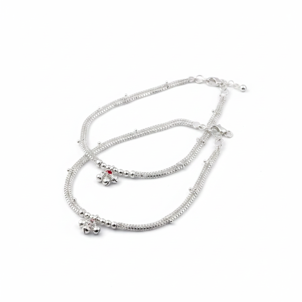 Wave Pattern Bell Silver Anklet – 99.9% Pure Silver – Adjustable – 32.47 g