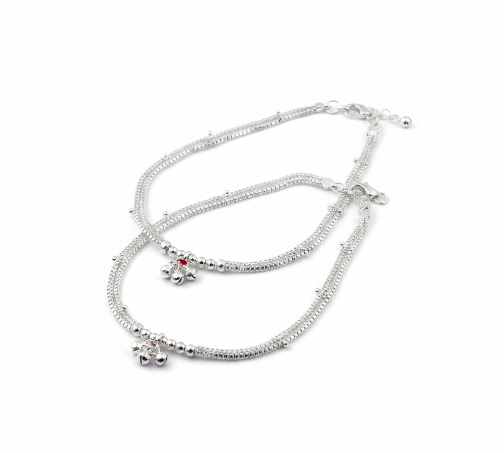 Wave Pattern Bell Silver Anklet – 99.9% Pure Silver – Adjustable – 32.47 g