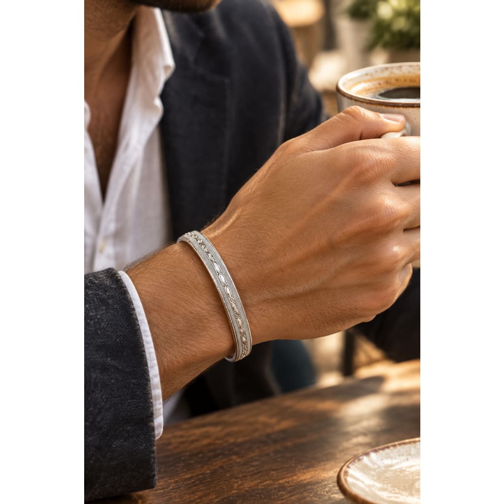 Wide Silver Kada with Scalloped Center Rail & Knurled Edges – view 5