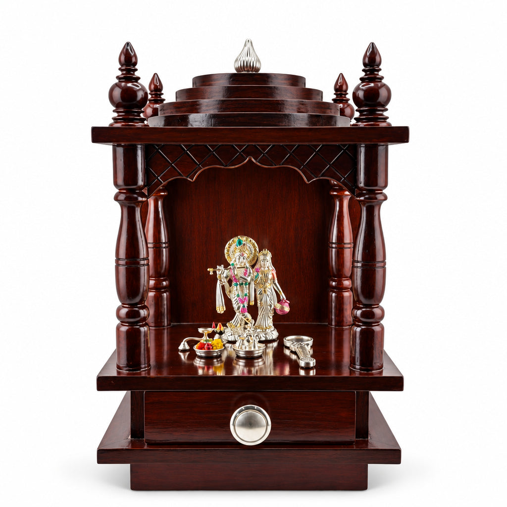 Wooden Pooja Mandir with Silver Radha Krishna Idol Set (55g)