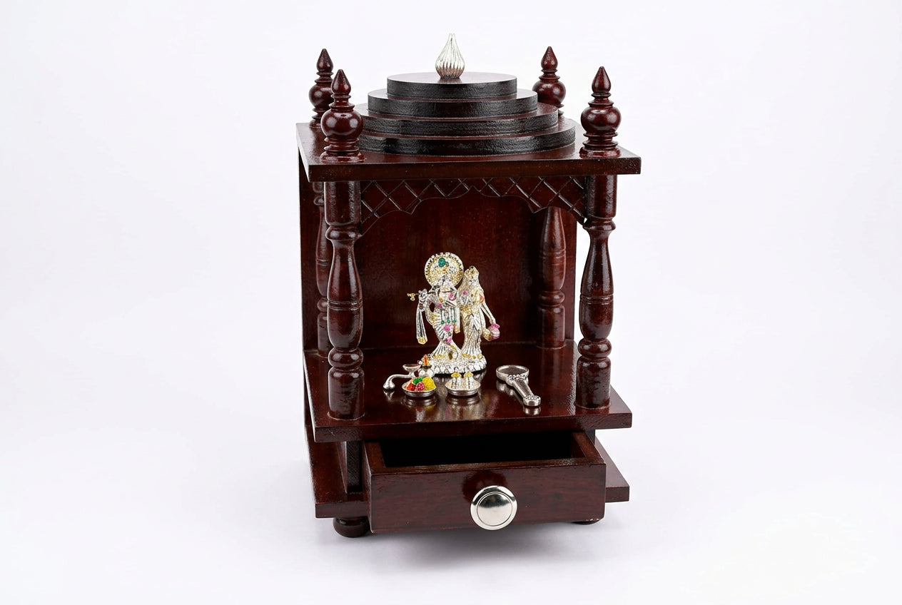 Wooden Pooja Mandir with Silver Radha Krishna Idol Set (55g) – view 6