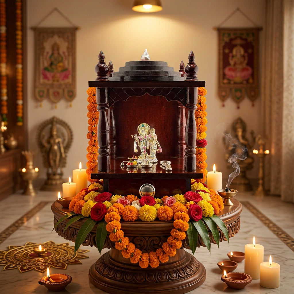 Wooden Pooja Mandir with Silver Radha Krishna Idol Set (55g) – view 2