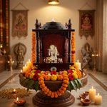 Wooden Pooja Mandir with Silver Radha Krishna Idol Set (55g) – view 2