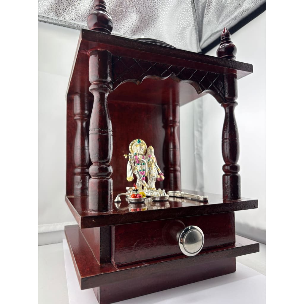Wooden Pooja Mandir with Silver Radha Krishna Idol Set (55g) – view 7